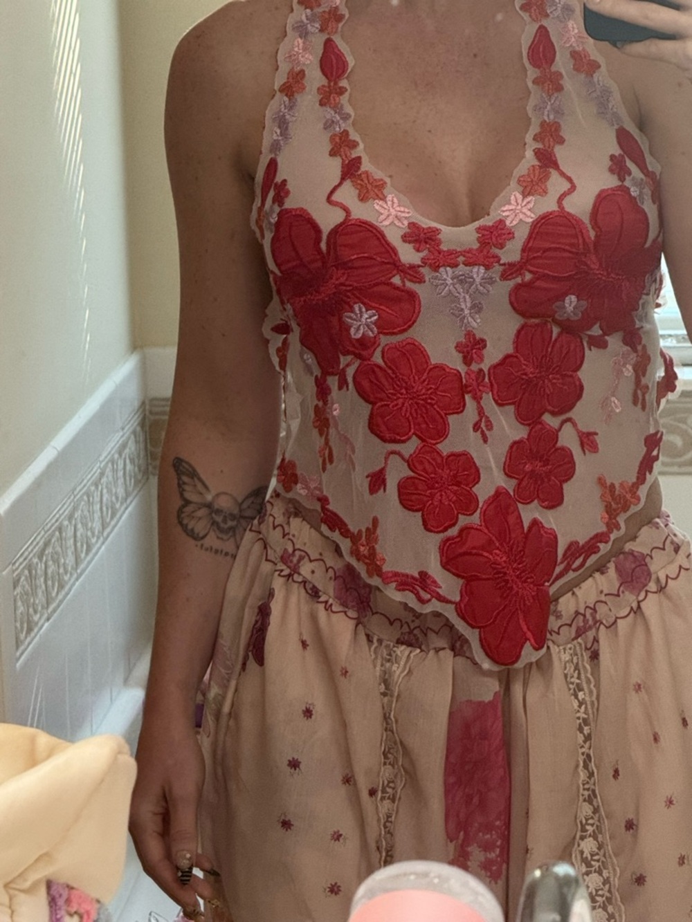 Boho Sheer Floral Embroidered Tank Top - Blush & Red